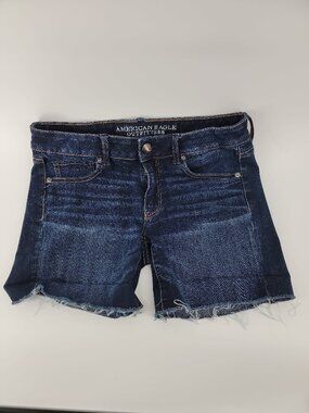 American Eagle Midi Denim Shorts Size 10 Dark Wash Frayed Hem Stretch AEO Jean S